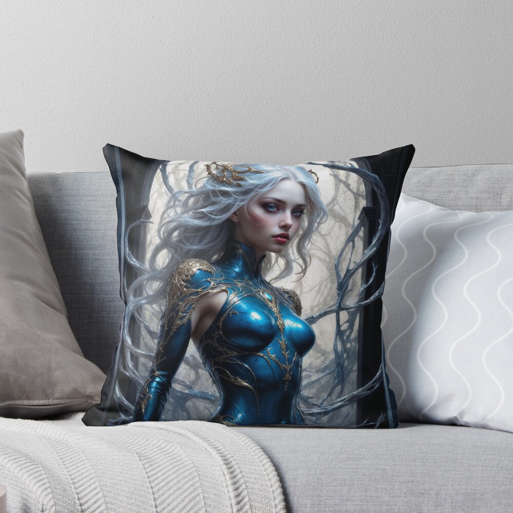 The Azure Mystical Sentinel Nyxandra By The Arch Of Noss Captivating AI Concept Art by Xzendor7 Decorative Art Print Throw Pillow