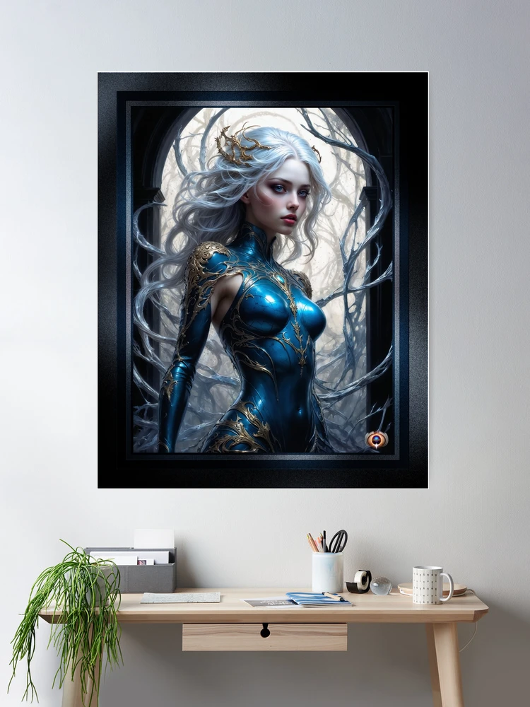 The Azure Mystical Sentinel Nyxandra By The Arch Of Noss Captivating AI Concept Art by Xzendor7 Room Decor Poster Art Print