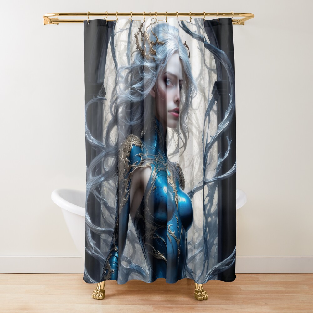 The Azure Mystical Sentinel Nyxandra By The Arch Of Noss Captivating AI Concept Art by Xzendor7 Decorative Art Print Shower Curtain