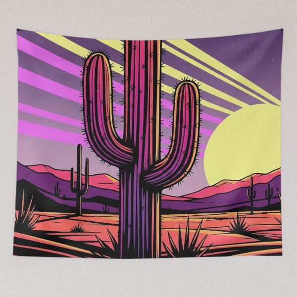 Item preview, Neon Cactus in Desert – Bold Stylized Illustration with Abstract Sunrays designed and sold by Dino-Lune.
