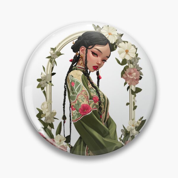 Item preview, Elegant Asian Woman in Green, Braids Framed by Blossoms designed and sold by pkvorakorn.