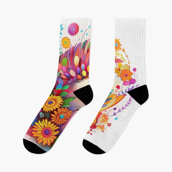 Artikelvorschau, Farbenfrohe florale Igelillustration im lebendigen Regenbogenstil entworfen und verkauft von PaintbrushPlace.
