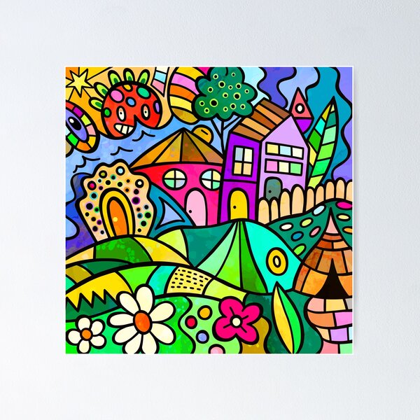 Item preview, Whimsical Doodle Drawing Colorful Houses On A Hill designed and sold by DEC02.