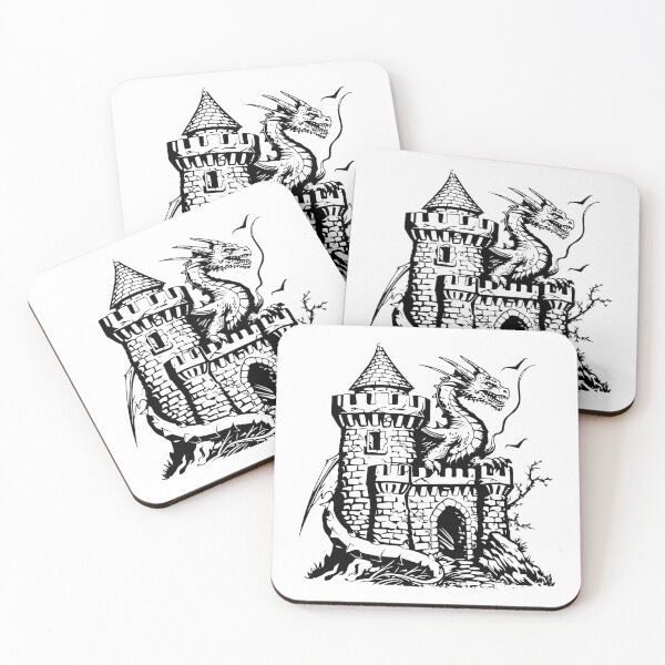 Item preview, Dragon on Medieval Castle – Epic Fantasy Line Art Illustration designed and sold by inkoutninja.