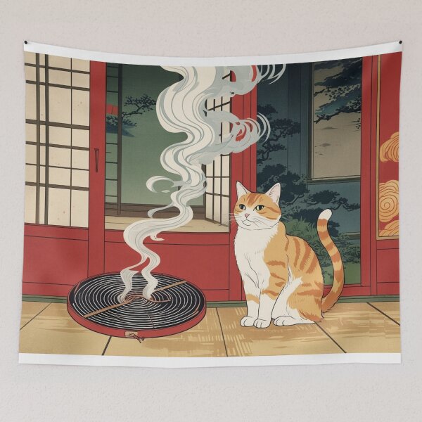 Item preview, Brown & White Cat with Mosquito Coil – Nostalgic Japanese Summer designed and sold by LEO'S CREATURE　れおずくりーちゃー.