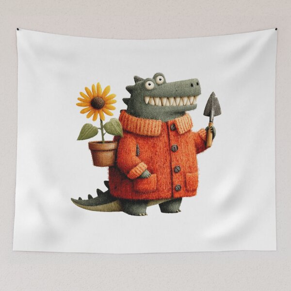 Item preview, Cute Dinosaur Gardener in Orange Wool Sweater with Sunflower designed and sold by Jonaree Art Design.