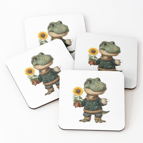 Item preview, Cozy Dinosaur with Sunflower and Coffee Mug in Green Sweater designed and sold by Jonaree Art Design.