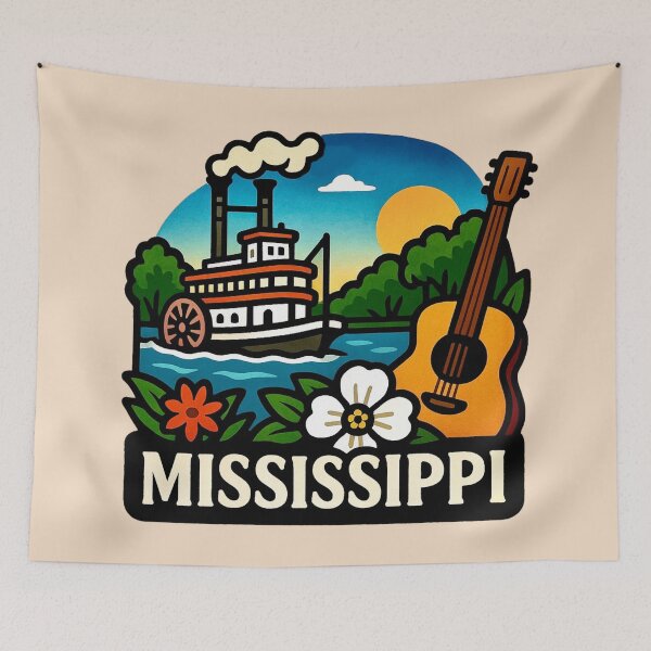 Item preview, Mississippi USA - Riverboat, Magnolia Blossom & Blues Guitar designed and sold by Myra365Art.