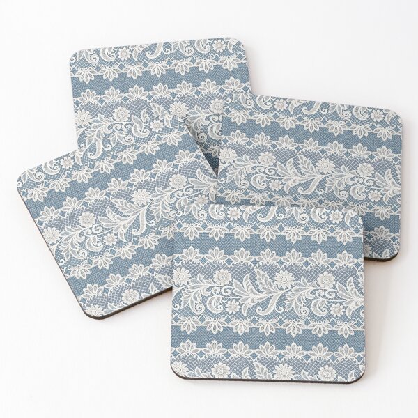 Item preview, Delicate White Lace with Floral Design on Textured Blue Background. designed and sold by RGShirtWorks.