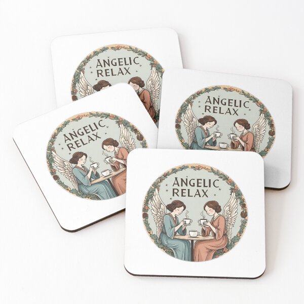 Item preview, Two seated angels drinking coffee with the large phrase "ANGELIC RELAX!" inside a circle. designed and sold by Giulivo Store Graphic.