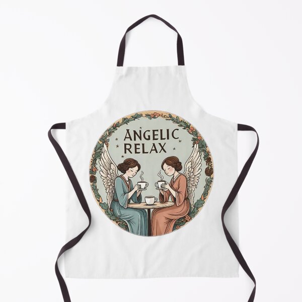 Item preview, Two seated angels drinking coffee with the large phrase "ANGELIC RELAX!" inside a circle. designed and sold by Giulivo Store Graphic.