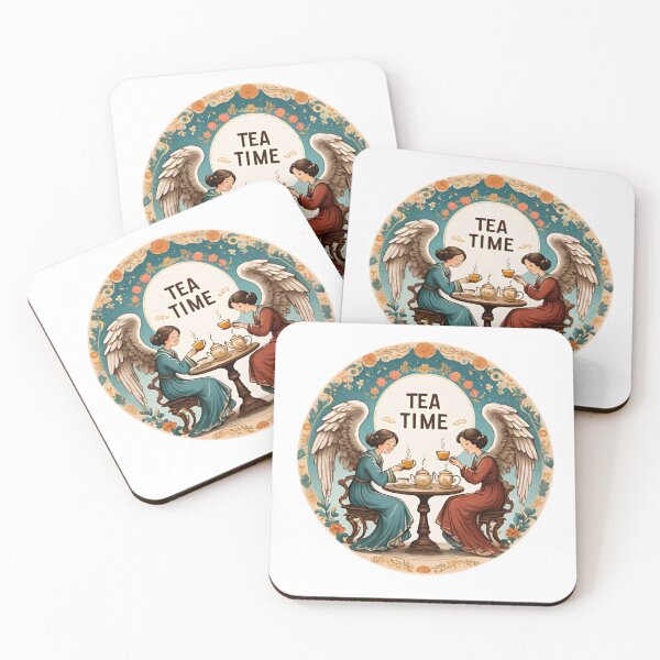Item preview, Two seated angels drinking tea with the large phrase "TEA TIME"  and inside a circle. designed and sold by Giulivo Store Graphic.