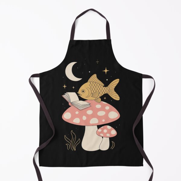 Item preview, minimalist illustration of a gold fish, perched comfortably on a large pink mushroom adorned with white spots designed and sold by 123ks.