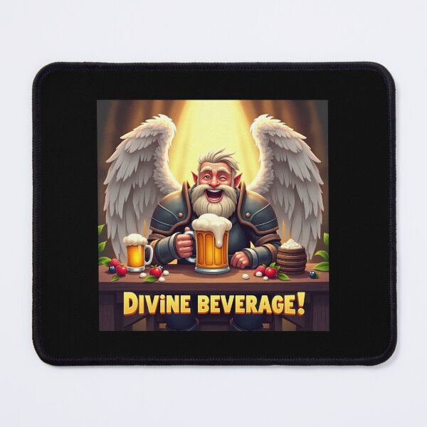 Item preview, An old angel sitting in a bar drinking beer with the large phrase "DIVINE BEVERAGE!". designed and sold by Giulivo Store Graphic.