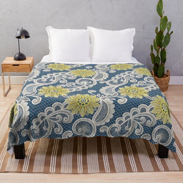Item preview, Elegant Golden Flower and White Lace Pattern on Blue Background. designed and sold by ML-Media.