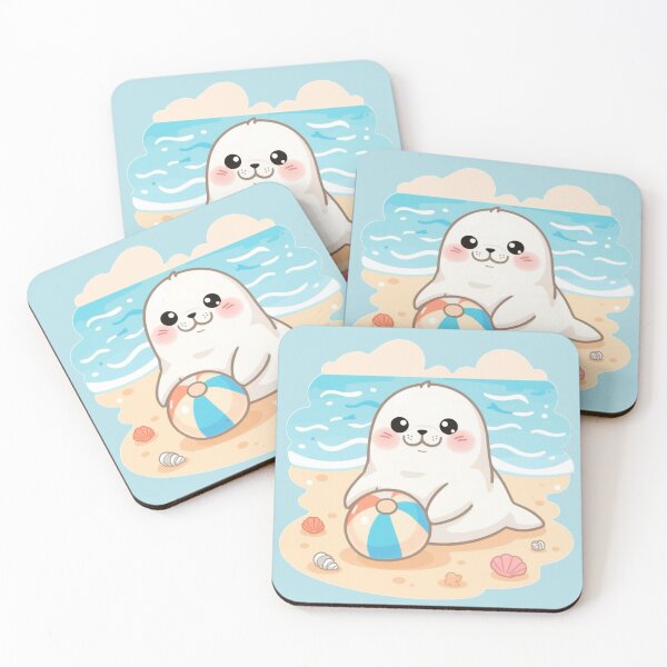 Item preview, Cute Chubby White Seal Playing with Ball on the Beach – Kawaii Pastel Design designed and sold by Tidarat-27.
