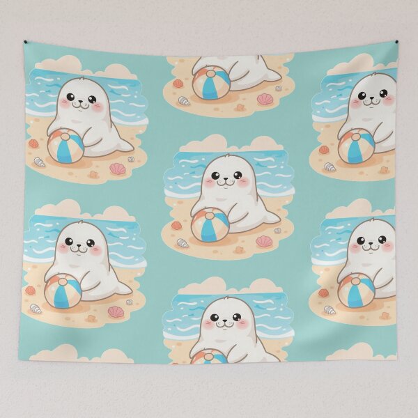 Item preview, Cute Chubby White Seal Playing with Ball on the Beach – Kawaii Pastel Design designed and sold by Tidarat-27.