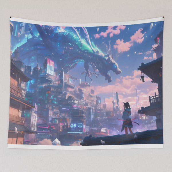 Item preview, Cyberpunk Dragon City Encounter – Futuristic Neon Skyline with Heroic Anime Cat Girl designed and sold by Tommy Studio.