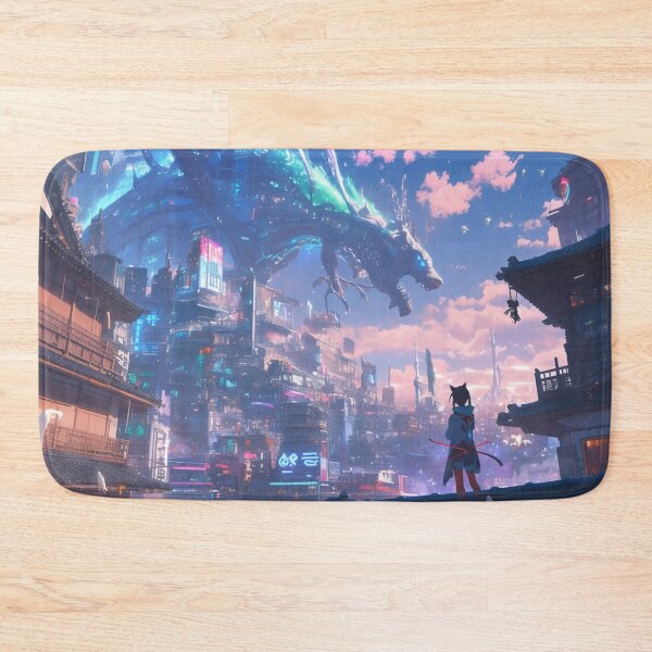 Item preview, Cyberpunk Dragon City Encounter – Futuristic Neon Skyline with Heroic Anime Cat Girl designed and sold by Tommy Studio.