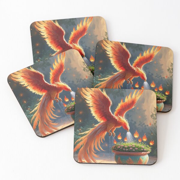Item preview, Phoenix Tending Flame Flowers – Whimsical Rebirth Garden Art designed and sold by Deezyned.