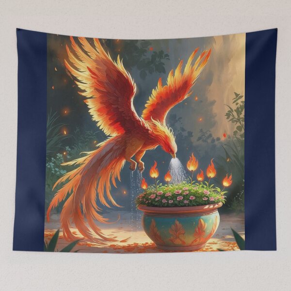 Item preview, Phoenix Tending Flame Flowers – Whimsical Rebirth Garden Art designed and sold by Deezyned.