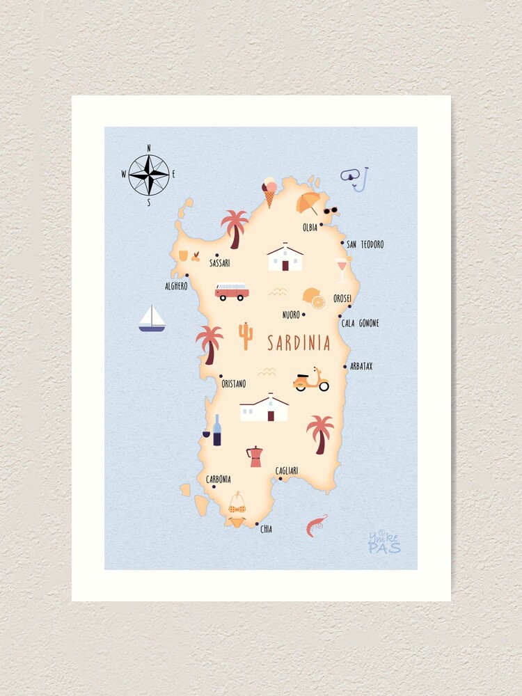 Thumbnail 1 of 3, Art Print, Illustrated map of Sardinia designed and sold by ymkesinfogr.