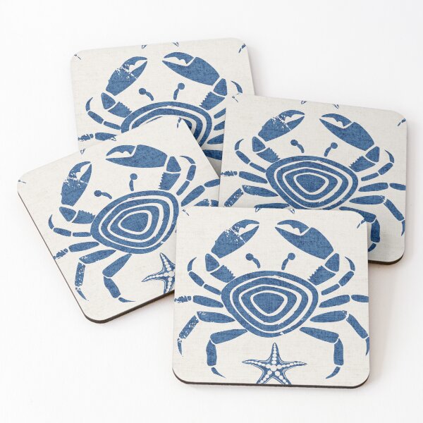Item preview, Rustic Nautical Block Print Coastal Crab In Naby Blue On White designed and sold by EliveraDesigns.