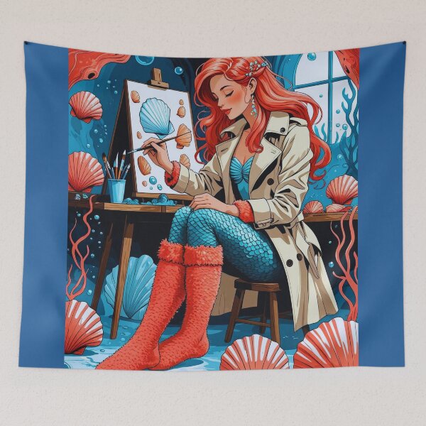 Item preview, Mermaid Painting Seashells – Cozy Undersea Studio Art Print designed and sold by Deezyned.