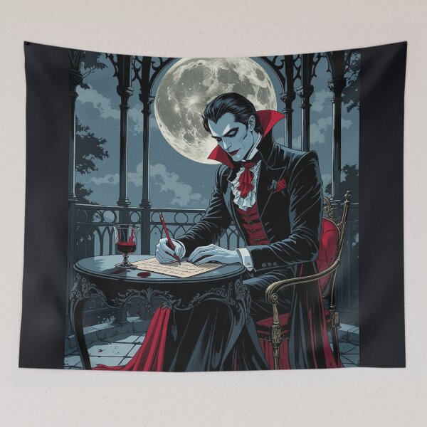 Item preview, Vampire Writing Poetry – Gothic Moonlit Gazebo Art Print designed and sold by Deezyned.