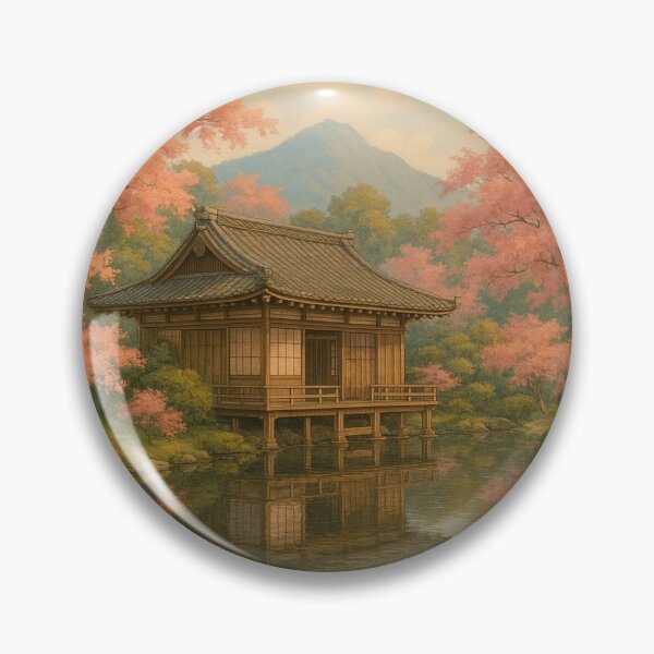 Item preview, Traditionelles japanisches Haus an einem See neben einem blühenden Baum designed and sold by Everkind-Co.