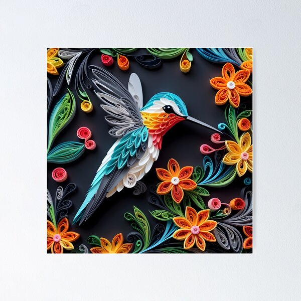 Item preview, Close up shot of hummingbird, multi dimensional paper quilling, chibi digital art designed and sold by johnlck.
