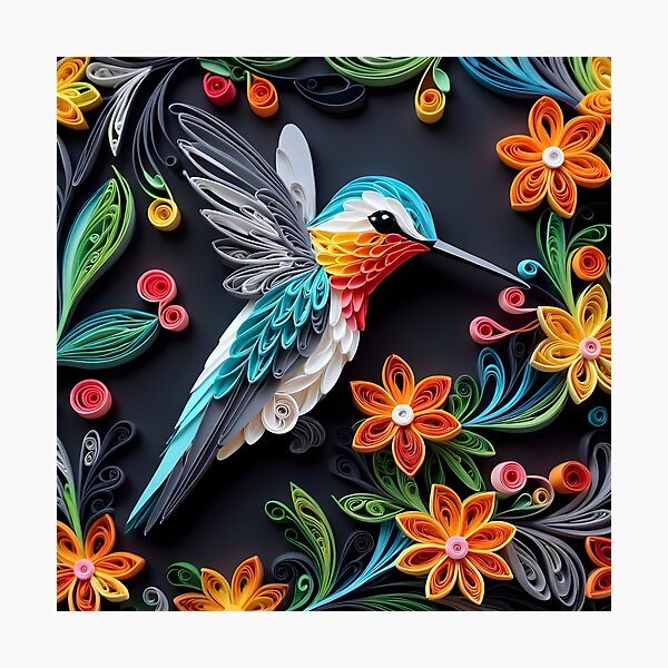 Item preview, Close up shot of hummingbird, multi dimensional paper quilling, chibi digital art designed and sold by johnlck.