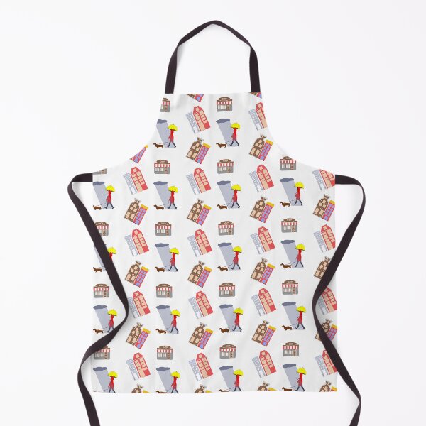 Item preview, Seamless city-themed pattern featuring a girl with a dog under an umbrella, surrounded by shops and houses designed and sold by kitosonito.