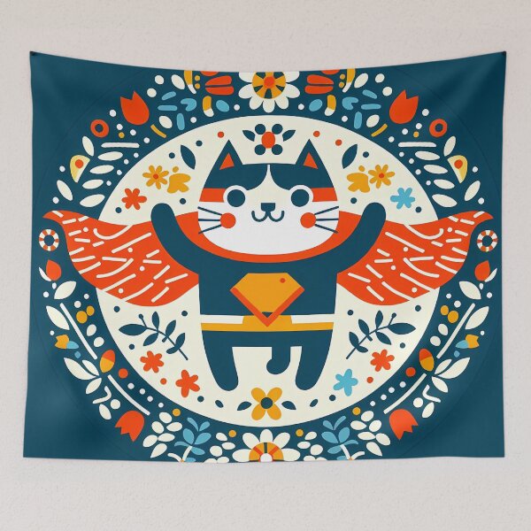 Item preview, Super Cat to the Rescue! - Scandinavian Folk Art by heidiannemorris © designed and sold by FOLK ART FUSION by heidiannemorris.
