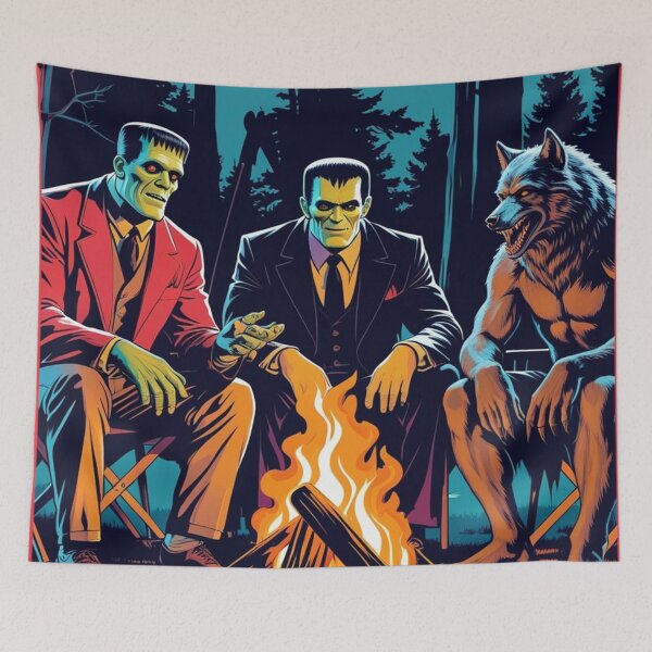 Item preview,  Frankenstein, Dracula & Werewolf Camping at Night - Fun Art designed and sold by Coolverce.