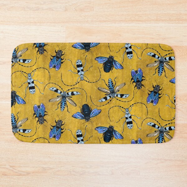 Item preview, flying creeping crawling - blue alpine longhorn beetles and carpenter bees on gold/ochre designed and sold by kobyakov.