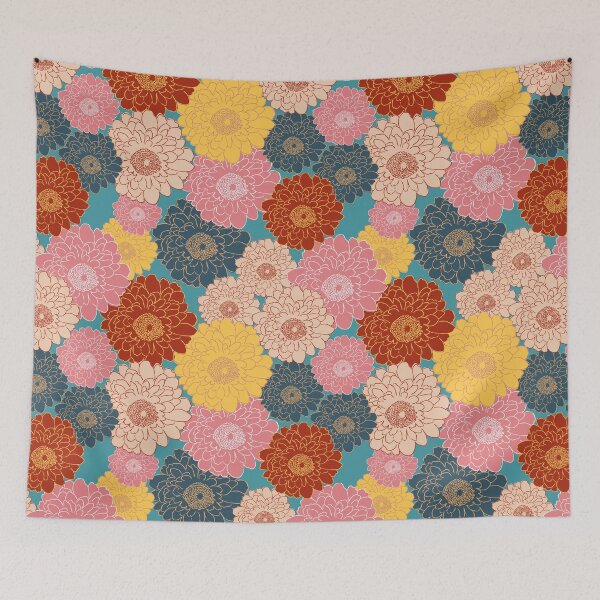 Item preview, Bold vibrant retro vintage large florals on teal blue background  designed and sold by PrettywithColor.