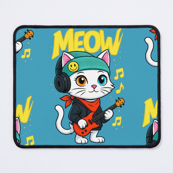Item preview, Neon Rocker Kitten – White Cat with Heterochromia and Guitar designed and sold by Idelab-11.