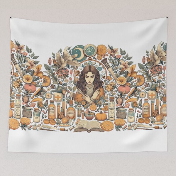 Item preview, Botanical Witch Art - Herbalist Woman Surrounded by Natural Elements and Potions designed and sold by freackly.
