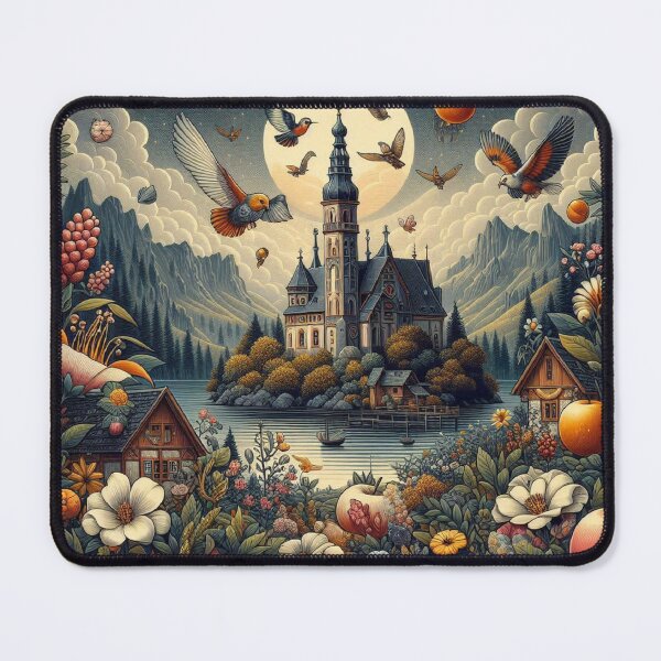 Item preview, Magical Alpine Castle - Fairy Tale Landscape with Flying Birds and Autumn Harvest designed and sold by freackly.