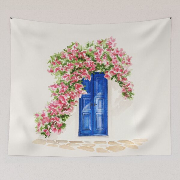 Item preview, classic watercolour Mykonos mediterranean greek door with flower watercolour  designed and sold by jessicaleah15.