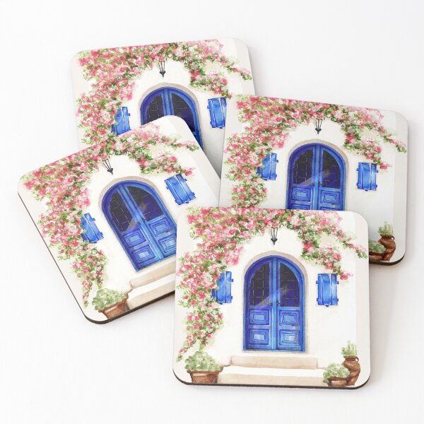 Item preview, classic watercolour Mykonos mediterranean landscape with pink flowers designed and sold by jessicaleah15.