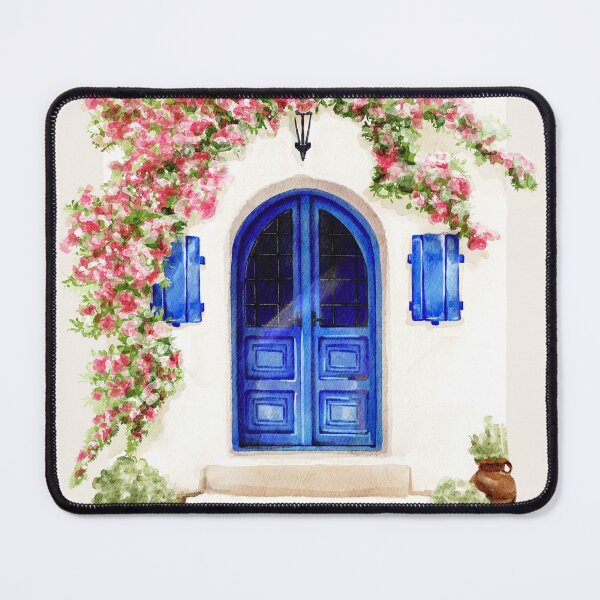Item preview, classic watercolour Mykonos mediterranean landscape with pink flowers designed and sold by jessicaleah15.