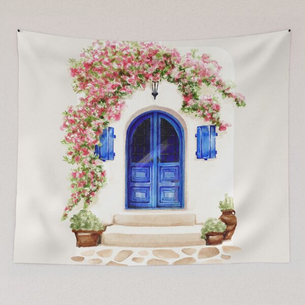 Item preview, classic watercolour Mykonos mediterranean landscape with pink flowers designed and sold by jessicaleah15.