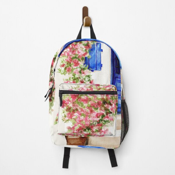 Item preview, classic watercolour Mykonos mediterranean landscape with pink flowers designed and sold by jessicaleah15.
