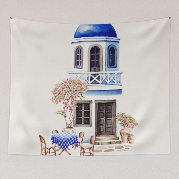 Item preview, Blue & White Greek Building – Watercolour Mediterranean Architecture designed and sold by jessicaleah15.