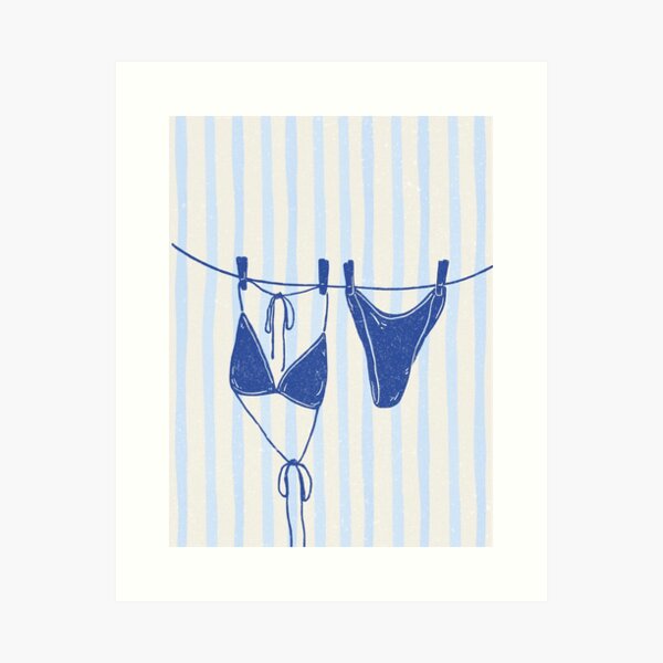 Item preview, vintage duotone blue texture blue stripe bikini on a clothes line designed and sold by jessicaleah15.