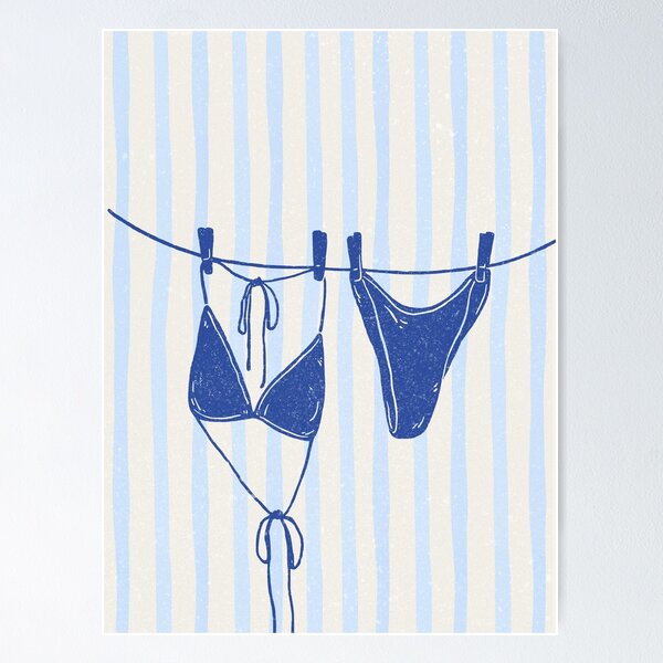 Item preview, vintage duotone blue texture blue stripe bikini on a clothes line designed and sold by jessicaleah15.