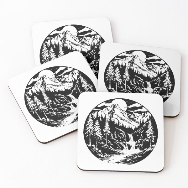 Item preview, Mountain Waterfall Landscape | Black and White Wilderness Nature Art designed and sold by inkoutninja.