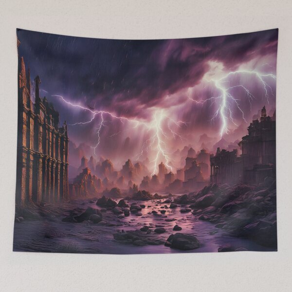 Item preview, Cascade with lightning bolts over an abandoned world designed and sold by Marcu Ioachim.